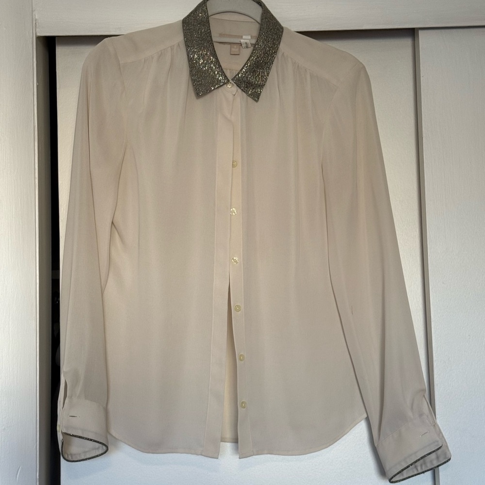 Chic Cream Blouse with Glitter Collar